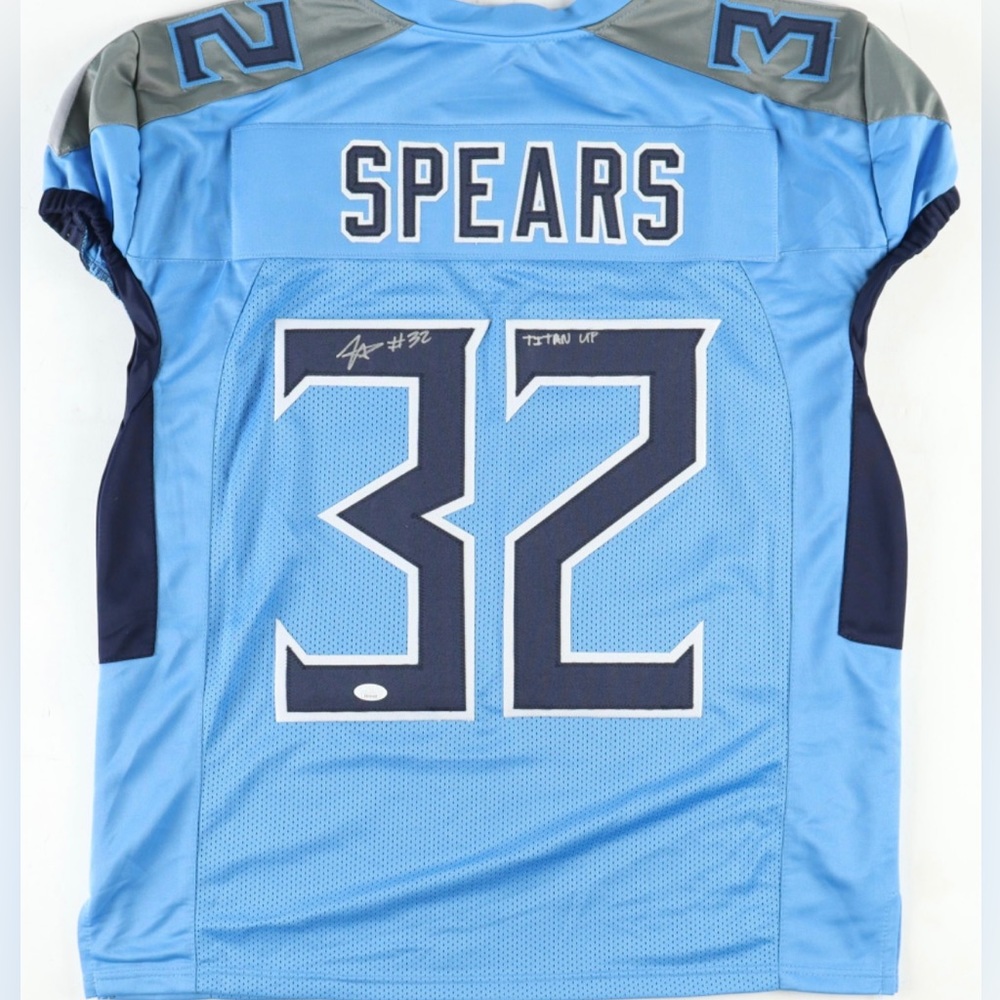 TYJAE SPEARS SIGNED TENNESSEE TITANS JERSEY INSCRIBED “TITAN UP” JSA COA